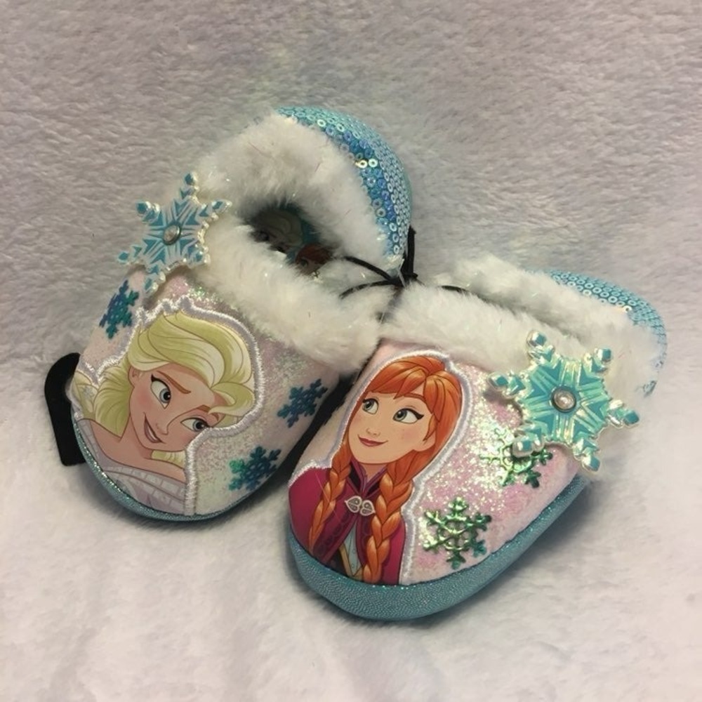 Disney Frozen Slippers Kids Size 11/12 Blue Pink NEW Anna Elsa Sequin Faux Fur